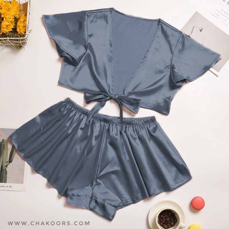 Fabrato silk imitation front knot shirt with elastic boxer sleepwear set CHK # p39