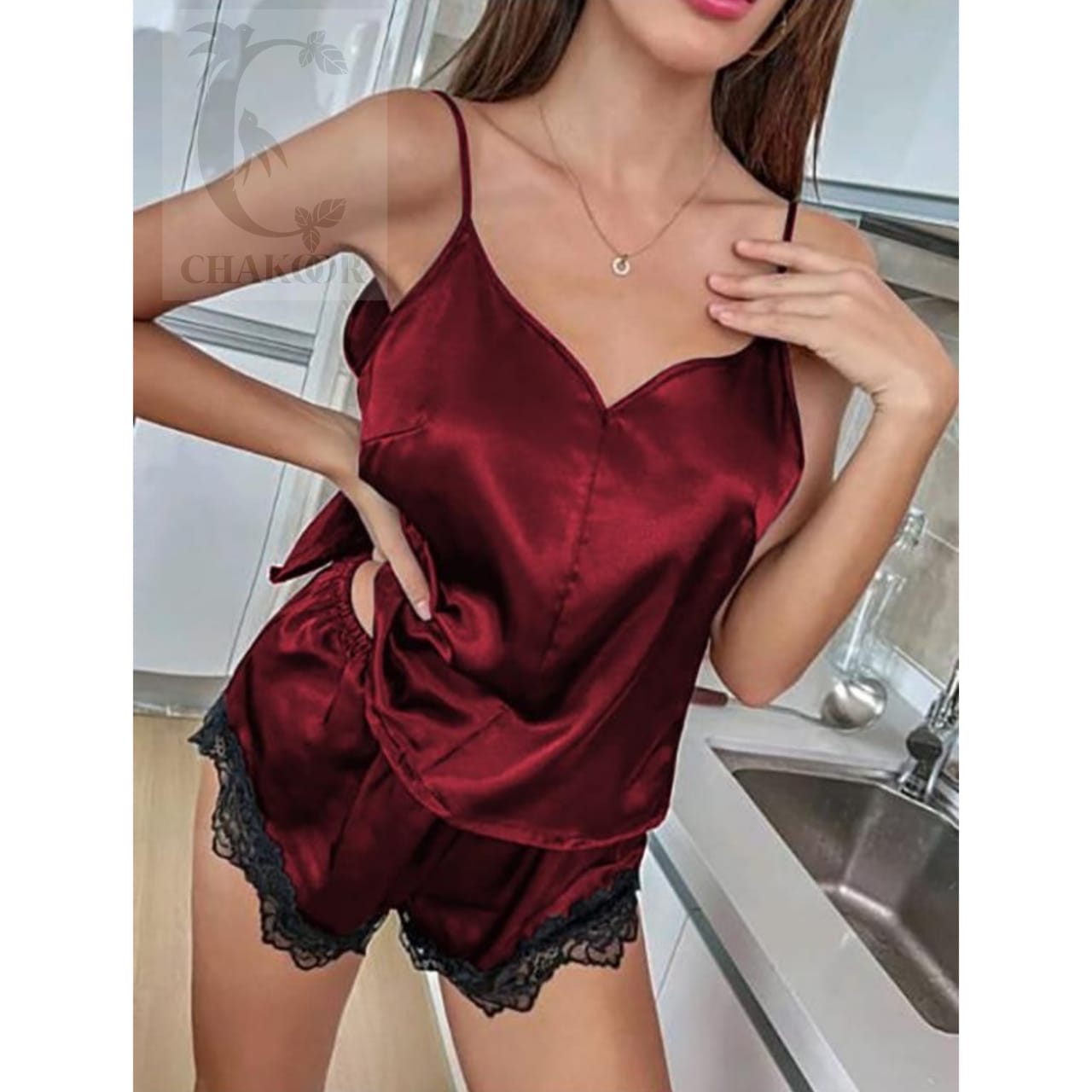 Fabrato Backless Silk Cami Top & Shorts - Red CHK # P43